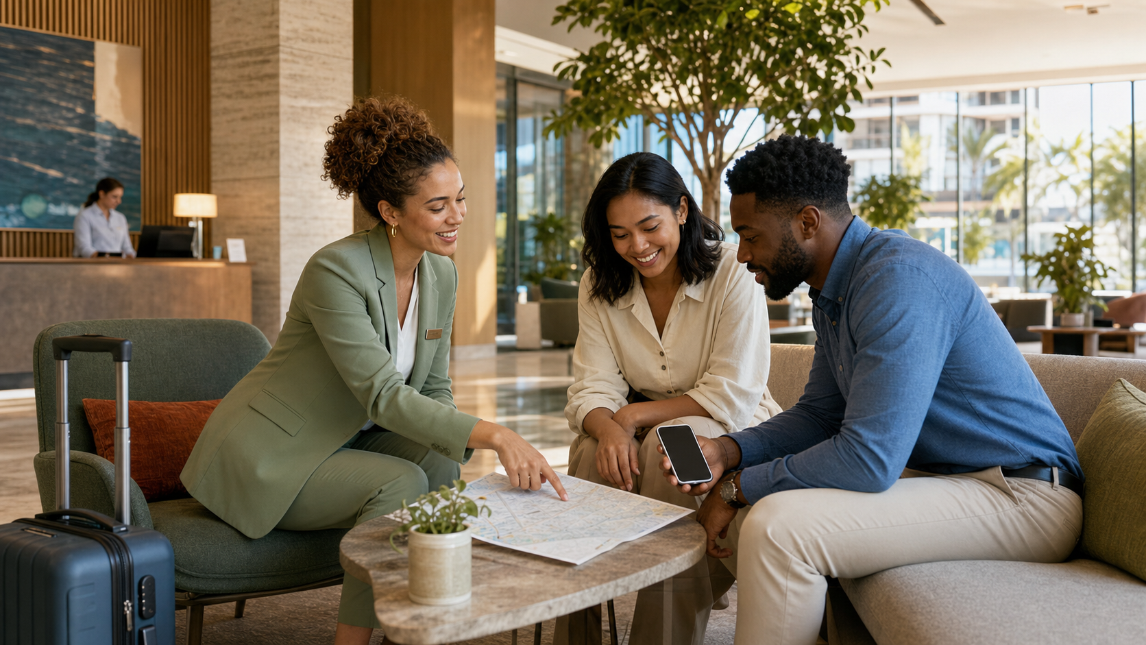 A hotel host helping guests while the property team stays connected