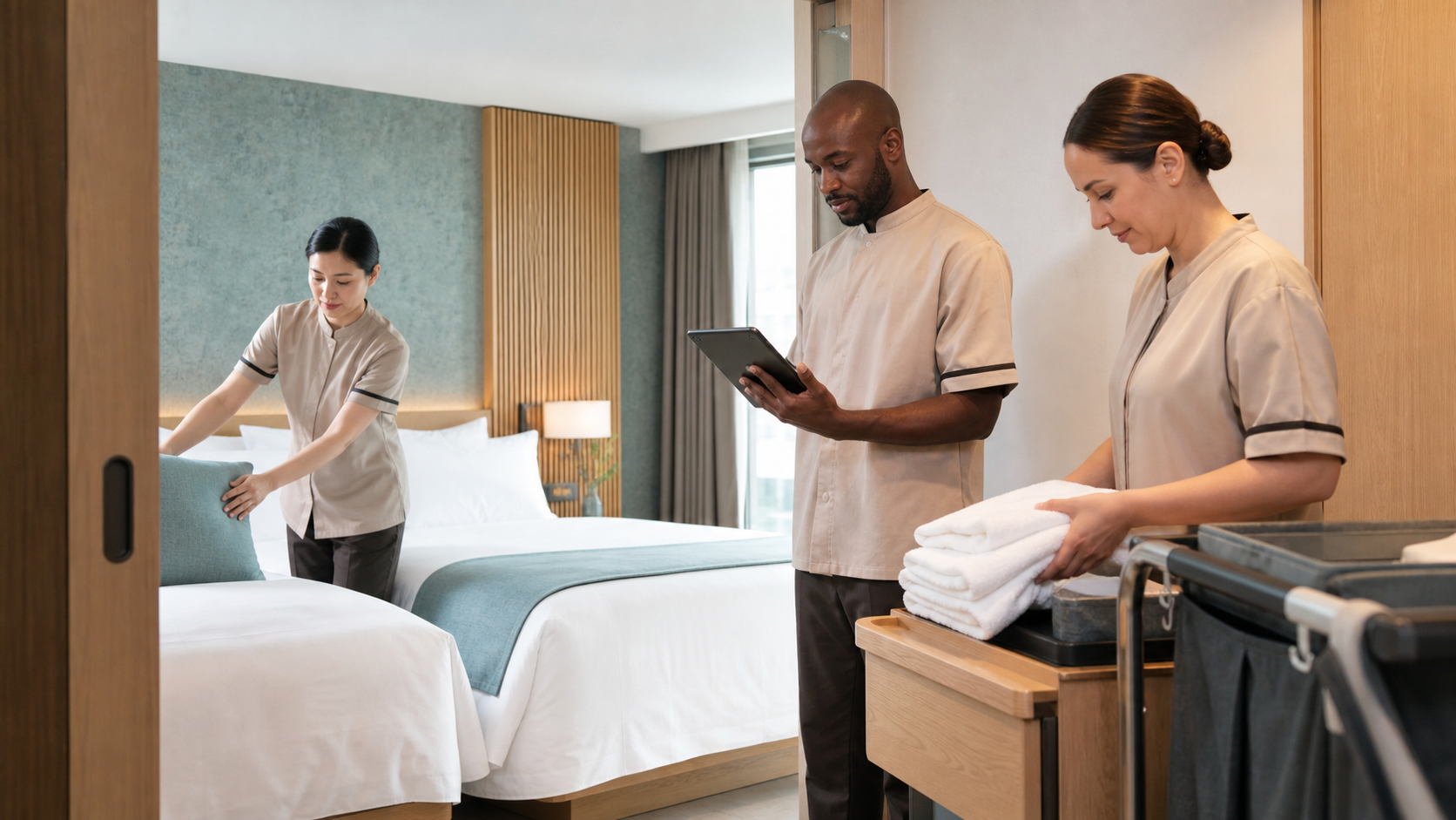 A housekeeping team coordinating a room turn