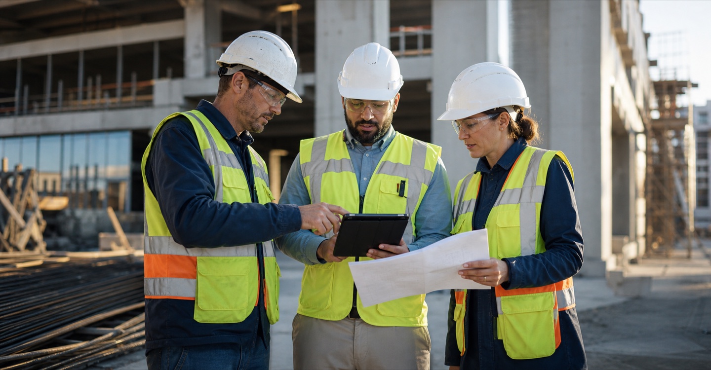 Construction team coordinating commercial and project information