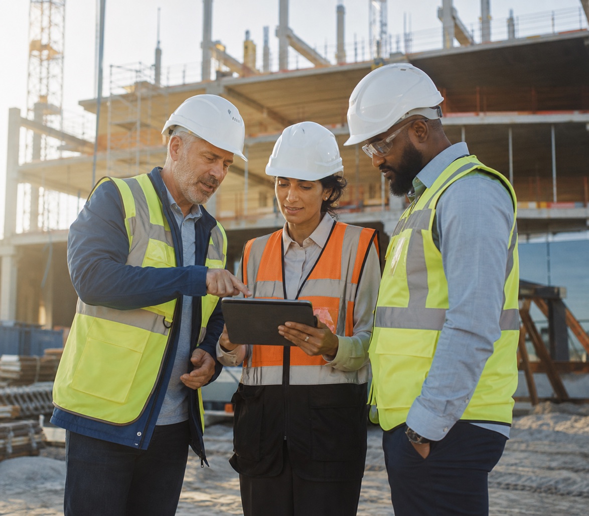 Construction team using a tablet to coordinate work at an active project