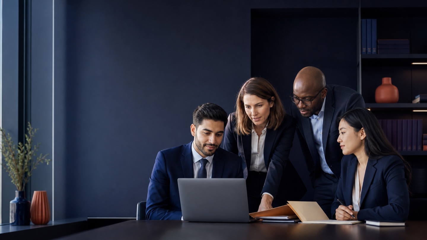 Legal professionals reviewing a digital matter together in a modern office