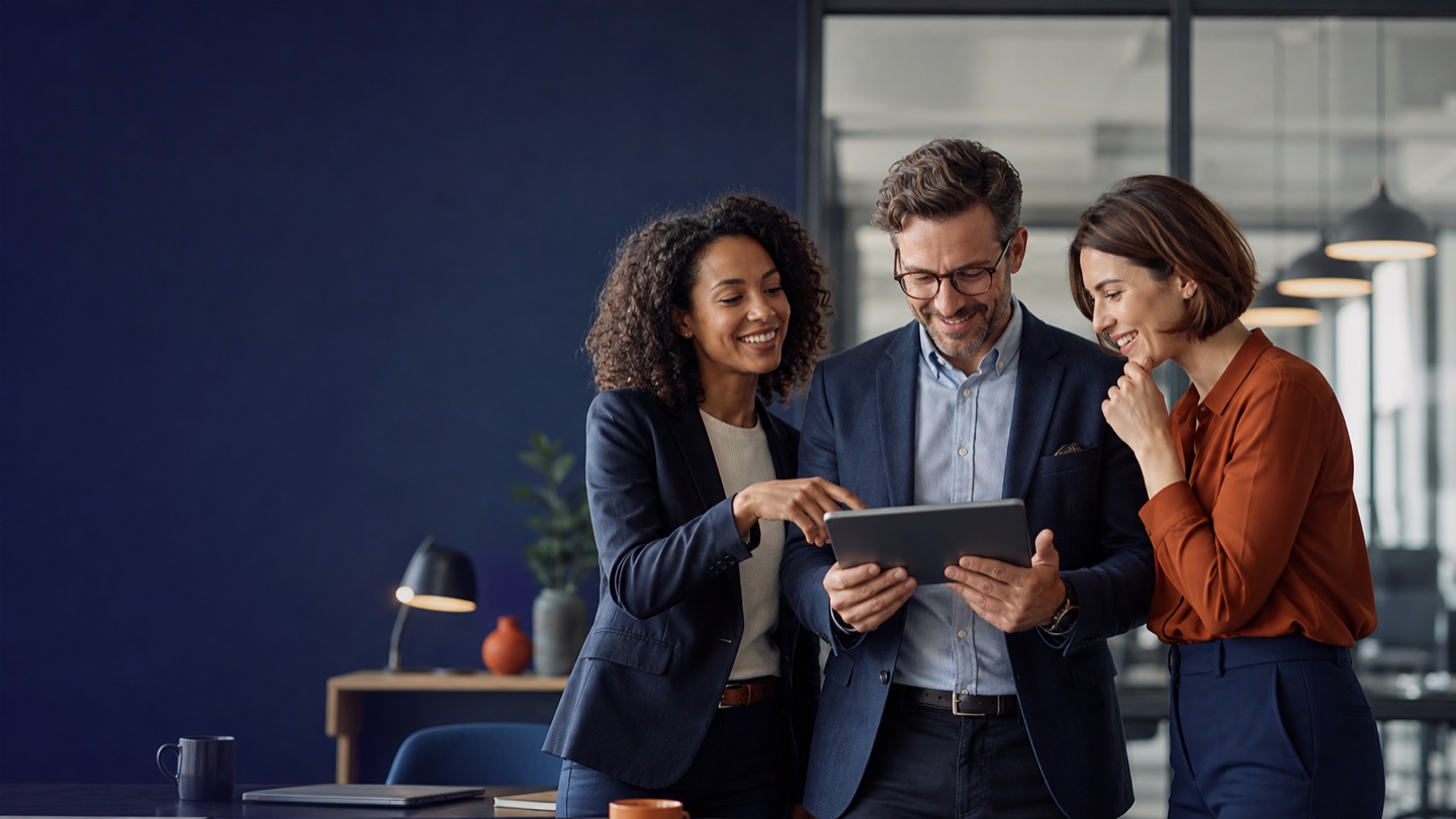 Recruitment professionals collaborating around a shared tablet in their office